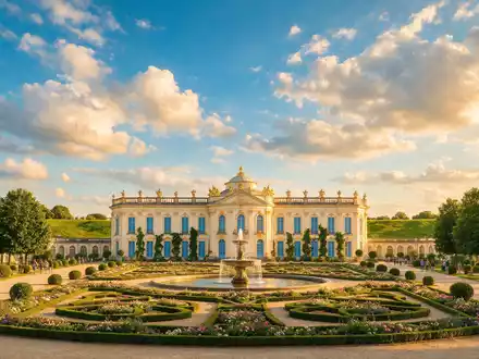 Fotorealistische Panoramaaufnahme von Schloss Sanssouci in Potsdam Deutschland, warmes Abendlicht auf Wahrzeichen - Foto: THN