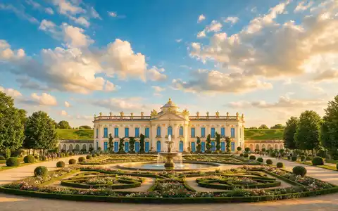 Fotorealistische Panoramaaufnahme von Schloss Sanssouci in Potsdam Deutschland, warmes Abendlicht auf Wahrzeichen - Foto: THN