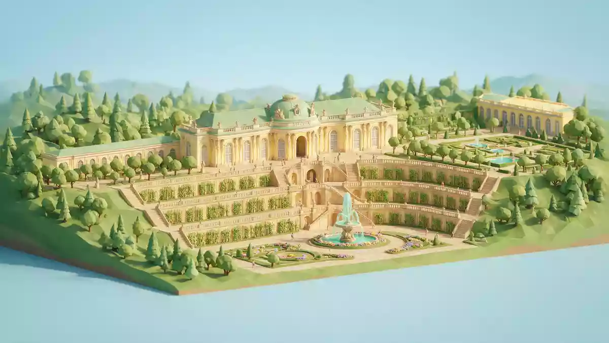 Isometrisches Diorama von Schloss Sanssouci in Potsdam, Deutschland in Pastell