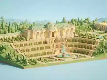 Isometrisches Diorama von Schloss Sanssouci und Umgebung in Potsdam Deutschland, verspielte Low-Poly-Kulisse in Pastellfarben - Foto: THN