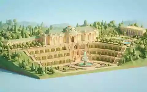 Isometrisches Diorama von Schloss Sanssouci und Umgebung in Potsdam Deutschland, verspielte Low-Poly-Kulisse in Pastellfarben - Foto: THN