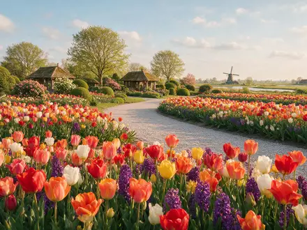 Editorialbild im Reisemagazin-Stil vom Wahrzeichen Keukenhof in Lisse Niederlande, ausgewogene Bildgestaltung und natuerliches Umgebungslicht - Foto: THN