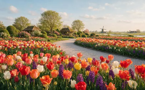 Editorialbild im Reisemagazin-Stil vom Wahrzeichen Keukenhof in Lisse Niederlande, ausgewogene Bildgestaltung und natuerliches Umgebungslicht - Foto: THN
