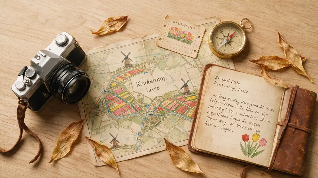 Flatlay-Reise-Arrangement rund um Keukenhof in Lisse, Niederlande