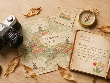 Flatlay-Reise-Arrangement rund um Keukenhof in Lisse Niederlande, Karte Kompass Kamera und generische Reiserequisiten - Foto: THN
