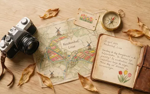 Flatlay-Reise-Arrangement rund um Keukenhof in Lisse Niederlande, Karte Kompass Kamera und generische Reiserequisiten - Foto: THN