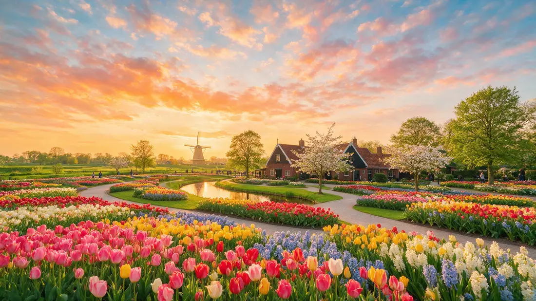 Fotorealistische Ansicht von Keukenhof in Lisse, Niederlande im Abendlicht