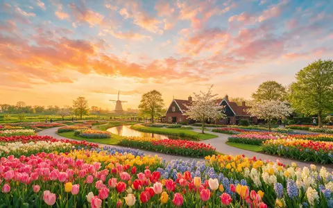 Fotorealistische Panoramaaufnahme von Keukenhof in Lisse Niederlande, warmes Abendlicht auf Wahrzeichen im Reisemotiv - Foto: THN