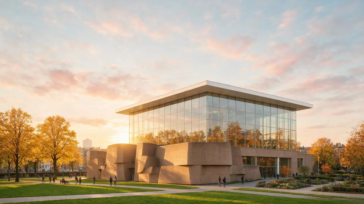 Fotorealistische Ansicht von Van-Gogh-Museum Amsterdam in Amsterdam, Niederlande im Abendlicht