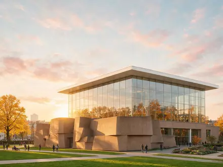 Fotorealistische Panoramaaufnahme von Van-Gogh-Museum Amsterdam in Amsterdam Niederlande, warmes Abendlicht auf Wahrzeichen - Foto: THN