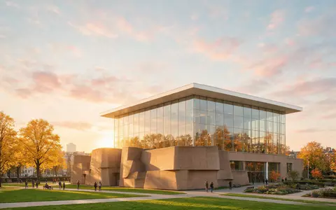 Fotorealistische Panoramaaufnahme von Van-Gogh-Museum Amsterdam in Amsterdam Niederlande, warmes Abendlicht auf Wahrzeichen - Foto: THN