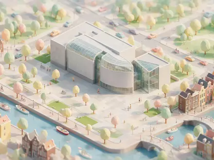 Isometrisches Diorama von Van-Gogh-Museum Amsterdam und Umgebung in Amsterdam Niederlande, verspielte Low-Poly-Kulisse in Pastellfarben - Foto: THN