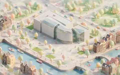 Isometrisches Diorama von Van-Gogh-Museum Amsterdam und Umgebung in Amsterdam Niederlande, verspielte Low-Poly-Kulisse in Pastellfarben - Foto: THN
