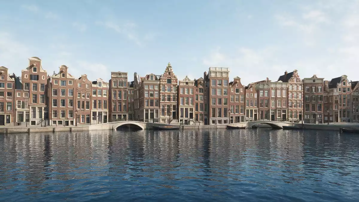 Architektur-Render von Grachten von Amsterdam in Amsterdam, Niederlande bei Tageslicht