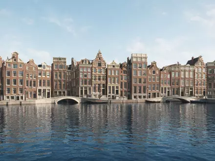 Moderner Architektur-Render zeigt Silhouette von Grachten von Amsterdam in Amsterdam Niederlande, klare Linien und neutrales - Foto: THN