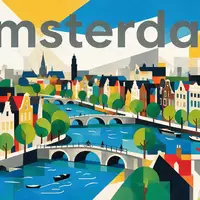 Bauhaus-Poster als geometrische Abstraktion von Grachten von Amsterdam in Amsterdam Niederlande, kraeftige Grundfarben und harte - Foto: THN
