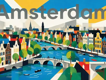 Bauhaus-Poster als geometrische Abstraktion von Grachten von Amsterdam in Amsterdam Niederlande, kraeftige Grundfarben und harte - Foto: THN