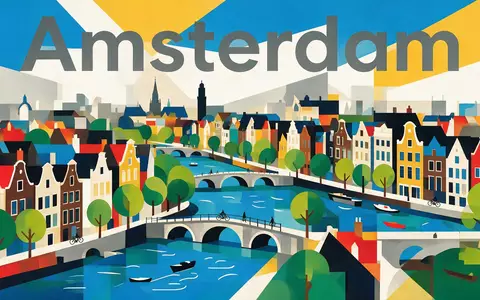 Bauhaus-Poster als geometrische Abstraktion von Grachten von Amsterdam in Amsterdam Niederlande, kraeftige Grundfarben und harte - Foto: THN