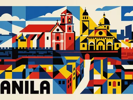 Bauhaus-Poster als geometrische Abstraktion von Intramuros Manila in Manila Philippinen, kraeftige Grundfarben und harte Formkanten - Foto: THN
