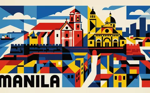 Bauhaus-Poster als geometrische Abstraktion von Intramuros Manila in Manila Philippinen, kraeftige Grundfarben und harte Formkanten - Foto: THN