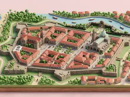 Isometrisches Diorama von Intramuros Manila und Umgebung in Manila Philippinen, verspielte Low-Poly-Kulisse in Pastellfarben - Foto: THN