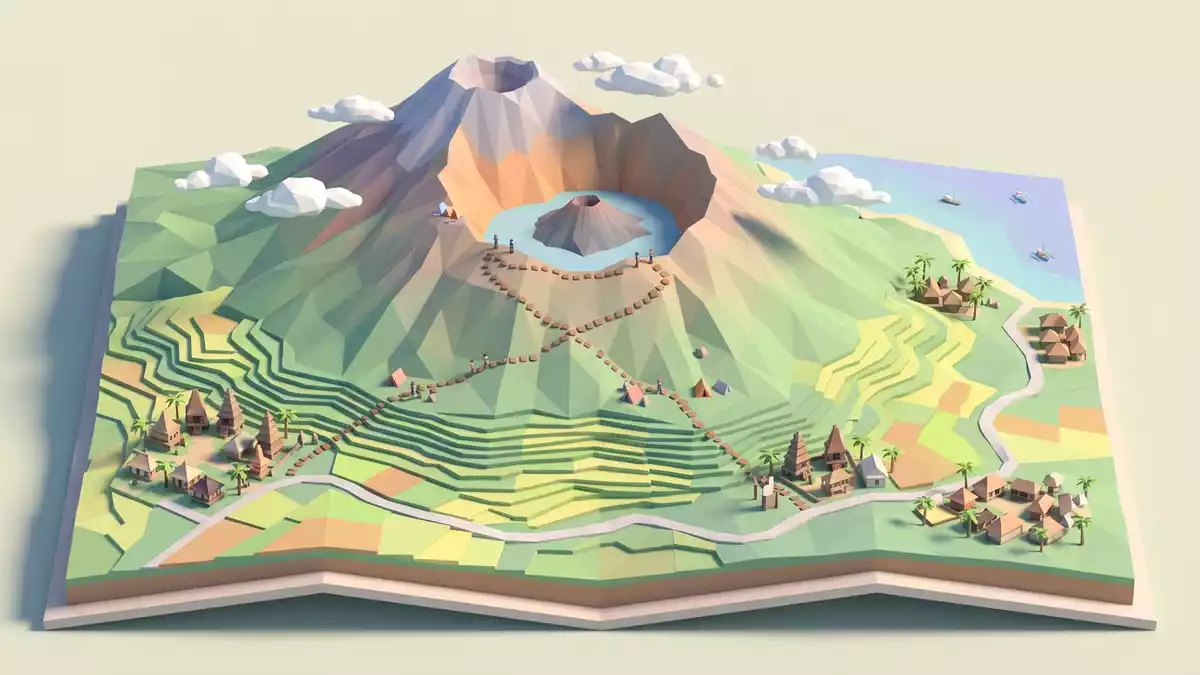 Isometrisches Diorama von Mount Rinjani in Lombok, Indonesien in Pastell