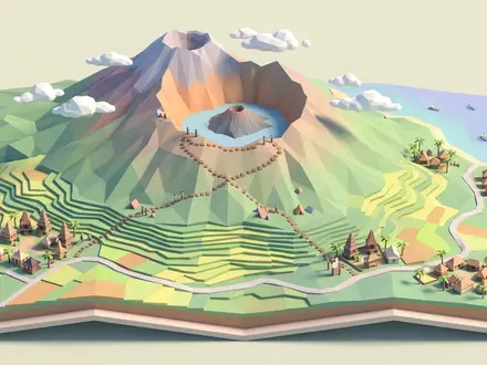 Isometrisches Diorama von Mount Rinjani und Umgebung in Lombok Indonesien, verspielte Low-Poly-Kulisse in Pastellfarben - Foto: THN