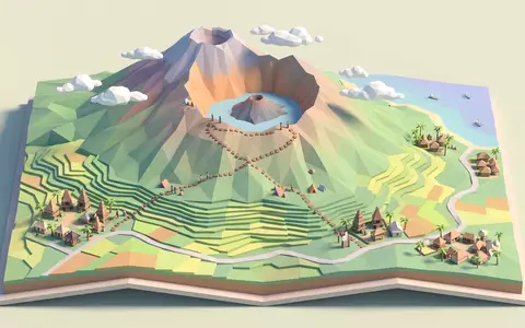 Isometrisches Diorama von Mount Rinjani und Umgebung in Lombok Indonesien, verspielte Low-Poly-Kulisse in Pastellfarben - Foto: THN