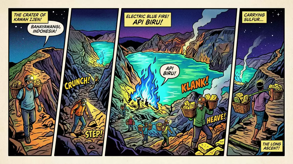 Pop-Art-Comic von Ijen-Krater in Banyuwangi, Indonesien mit Rasterpunkten