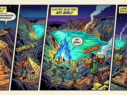 Pop-Art-Comicillustration des Wahrzeichens Ijen-Krater in Banyuwangi Indonesien, kraeftige Konturen Rasterpunkte und satte Farben - Foto: THN