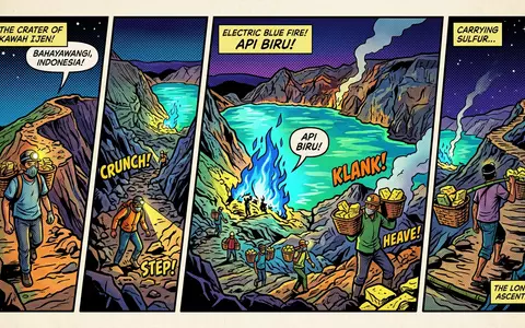 Pop-Art-Comicillustration des Wahrzeichens Ijen-Krater in Banyuwangi Indonesien, kraeftige Konturen Rasterpunkte und satte Farben - Foto: THN