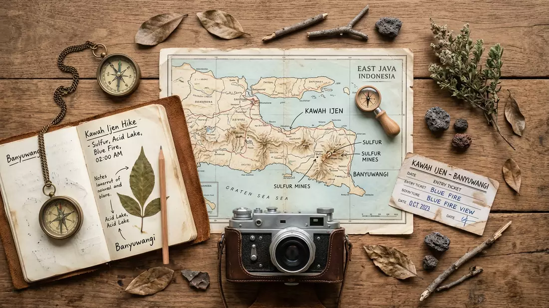 Flatlay-Reise-Arrangement rund um Ijen-Krater in Banyuwangi, Indonesien