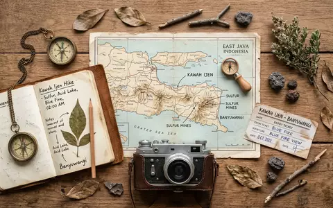 Flatlay-Reise-Arrangement rund um Ijen-Krater in Banyuwangi Indonesien, Karte Kompass Kamera und generische Reiserequisiten - Foto: THN