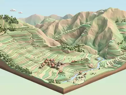 Isometrisches Diorama von Banaue-Reisterrassen und Umgebung in Banaue Philippinen, verspielte Low-Poly-Kulisse in Pastellfarben - Foto: THN