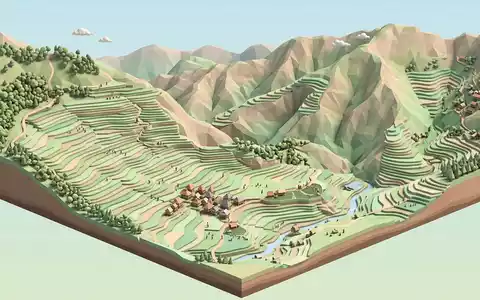 Isometrisches Diorama von Banaue-Reisterrassen und Umgebung in Banaue Philippinen, verspielte Low-Poly-Kulisse in Pastellfarben - Foto: THN