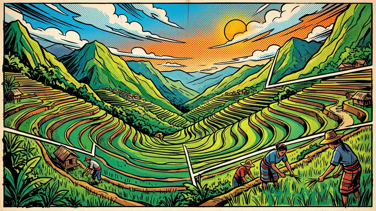 Pop-Art-Comic von Banaue-Reisterrassen in Banaue, Philippinen mit Rasterpunkten