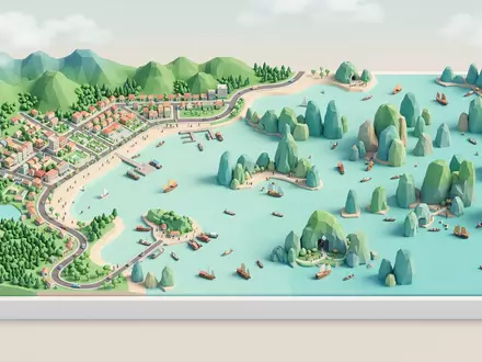 Isometrisches Diorama von Ha-Long-Bucht und Umgebung in Ha Long Vietnam, verspielte Low-Poly-Kulisse in Pastellfarben - Foto: THN