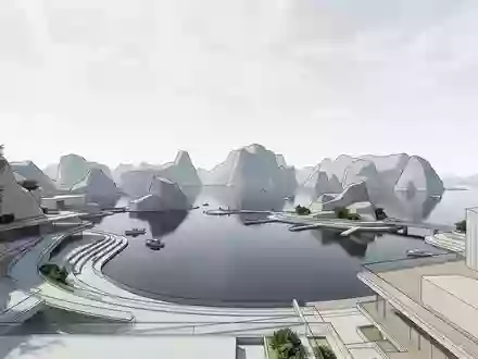 Moderner Architektur-Render zeigt Silhouette von Ha-Long-Bucht in Ha Long Vietnam, klare Linien und neutrales Tageslicht - Foto: THN