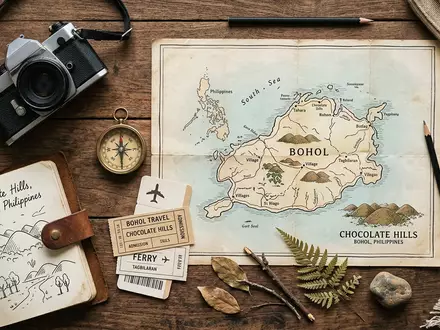 Flatlay-Reise-Arrangement rund um Chocolate Hills Bohol in Bohol Philippinen, Karte Kompass Kamera und generische Reiserequisiten - Foto: THN