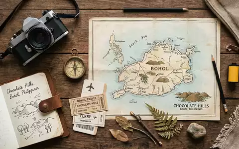 Flatlay-Reise-Arrangement rund um Chocolate Hills Bohol in Bohol Philippinen, Karte Kompass Kamera und generische Reiserequisiten - Foto: THN