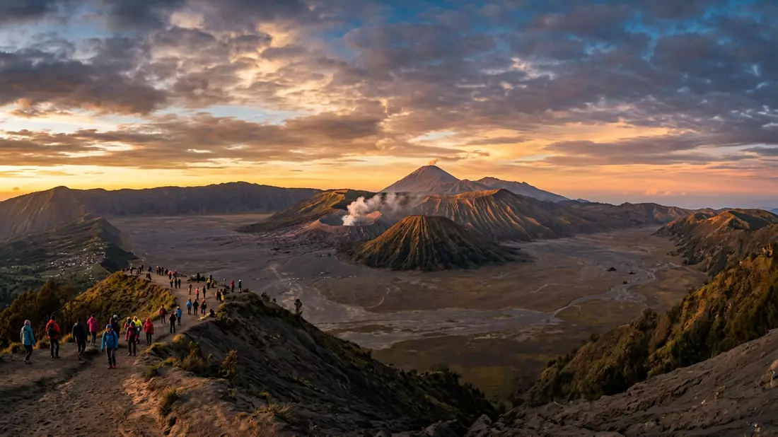 Fotorealistische Ansicht von Bromo-Vulkan in Probolinggo, Indonesien im Abendlicht