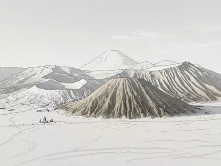 Moderner Architektur-Render zeigt Silhouette von Bromo-Vulkan in Probolinggo Indonesien, klare Linien und neutrales Tageslicht - Foto: THN