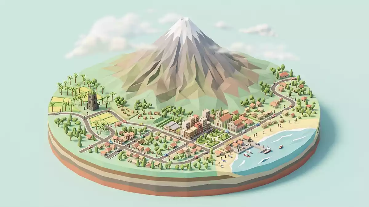 Isometrisches Diorama von Mayon-Vulkan in Legazpi, Philippinen in Pastell