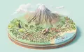 Isometrisches Diorama von Mayon-Vulkan und Umgebung in Legazpi Philippinen, verspielte Low-Poly-Kulisse in Pastellfarben - Foto: THN