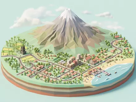 Isometrisches Diorama von Mayon-Vulkan und Umgebung in Legazpi Philippinen, verspielte Low-Poly-Kulisse in Pastellfarben - Foto: THN