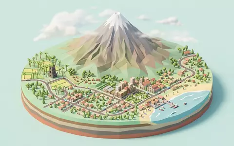 Isometrisches Diorama von Mayon-Vulkan und Umgebung in Legazpi Philippinen, verspielte Low-Poly-Kulisse in Pastellfarben - Foto: THN