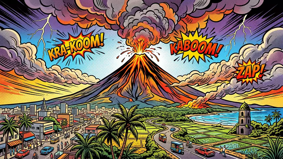 Pop-Art-Comic von Mayon-Vulkan in Legazpi, Philippinen mit Rasterpunkten
