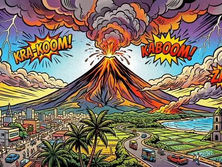 Pop-Art-Comicillustration des Wahrzeichens Mayon-Vulkan in Legazpi Philippinen, kraeftige Konturen Rasterpunkte und satte Farben - Foto: THN