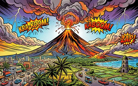 Pop-Art-Comicillustration des Wahrzeichens Mayon-Vulkan in Legazpi Philippinen, kraeftige Konturen Rasterpunkte und satte Farben - Foto: THN