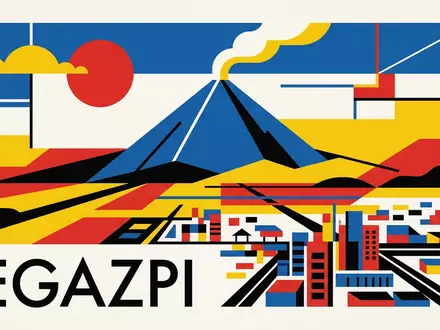 Bauhaus-Poster als geometrische Abstraktion von Mayon-Vulkan in Legazpi Philippinen, kraeftige Grundfarben und harte Formkanten - Foto: THN